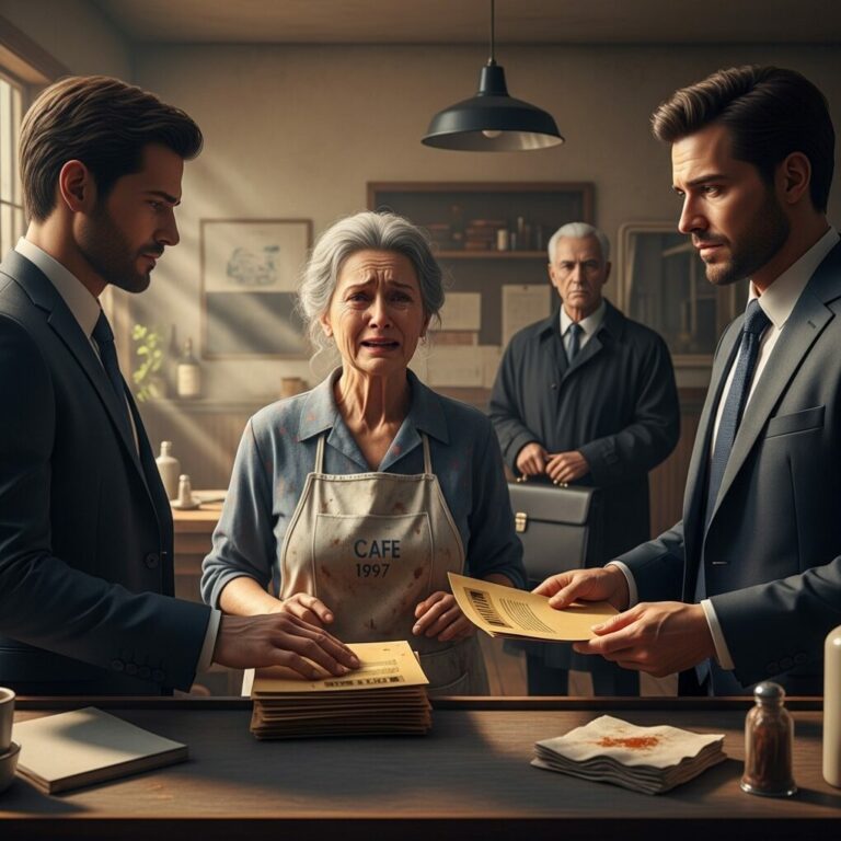 “I was wiping the counter for the very last time, tears blurring my vision, when the bell chimed. Two men in sharp suits walked in, followed by a lawyer. ‘We’re closed,’ I whispered, but one man grabbed my hand. ‘You don’t remember us, do you?’ he asked, his voice trembling. Then, he laid a legal deed on the table. ‘You fed us when we had nothing. Now, we own this block—and it’s all yours.’ My heart stopped. How could a simple sandwich from 1997 change everything today?”