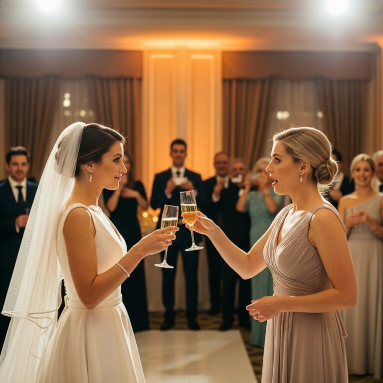 It was my wedding day when I saw my twin sister tilt my champagne glass and whisper, “You won’t need this.” My heart stopped—but I didn’t scream. I switched our glasses instead. When she stood to make the toast, smiling sweetly, I raised my glass too. She said, “To family.” I smiled back. Because in seconds… the truth was about to surface.