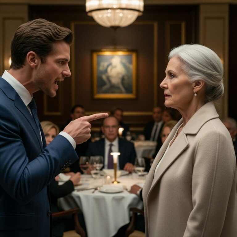 “My own son threw a plate at my feet, snarling, ‘Get out, you filthy beggar! You’re ruining my reputation!’ The restaurant fell silent. I didn’t cry. I didn’t scream. I just looked at the waiter and whispered, ‘Cancel his reservation and revoke his inheritance. Now.’ He doesn’t realize that the ‘beggar’ he just insulted actually owns this entire establishment. But he’s about to find out the hard way…”