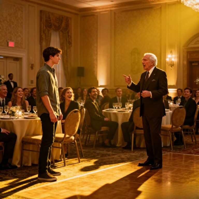 I stood up when my dad said it, loud enough for everyone to hear: “William, find another table. This one’s for family.” Laughter followed me as I walked away, my face burning.  Then a calm voice cut through the room. “Just a moment, please.”  I froze. So did everyone else. Because when my grandfather finally spoke, the truth was about to change everything.