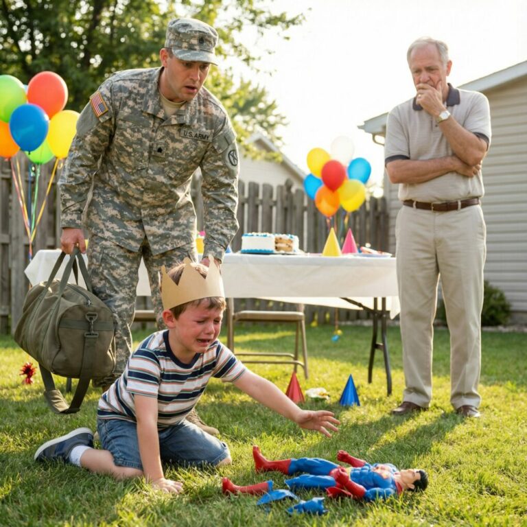 En el quinto cumpleaños de mi hijo, le compré una figura de acción de un superhéroe. Corrió emocionado hacia su abuelo y dijo con orgullo: «¡Este es mi papá! ¡Mi papá es un superhéroe!» El rostro de su abuelo se ensombreció de ira… y justo en ese instante, mi esposo cruzó la puerta. Todo cambió.