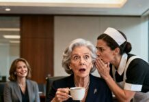 My pen hovered over the contract—the moment I handed my life’s work to my son and his wife. My daughter-in-law smiled, placing a cup of coffee before me. Then the maid “accidentally” crashed into my chair and whispered, “Don’t drink it. Trust me.” Five minutes later, I secretly switched cups with my daughter-in-law. She took a sip… and that smile vanished. That’s when I realized—this was never just about the company.