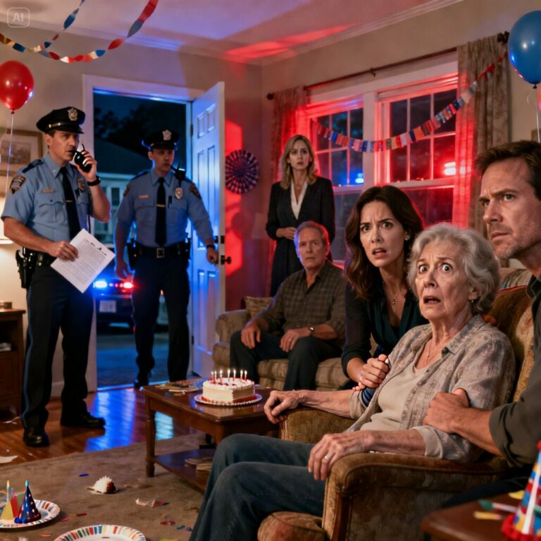 Mi padre y mi hermana estaban organizando el cumpleaños número 85 de mi abuela. Todo parecía normal: risas, música, fotos y sonrisas forzadas. En medio de la fiesta, mi esposo se inclinó hacia mí y me susurró con urgencia: —Agarra tu bolso, nos vamos ahora. Actúa como si no pasara nada.  Pensé que estaba exagerando, hasta que subimos al coche. Cerró las puertas con seguro, me miró fijamente y dijo en voz baja: —Algo está muy, muy mal aquí.  Diez minutos después, llamé a la policía.