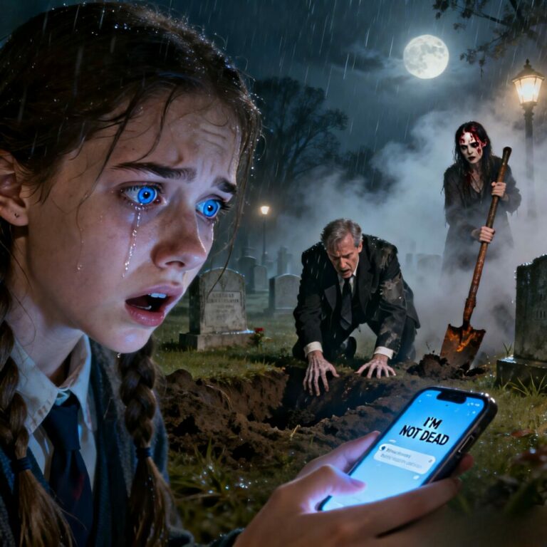 “My father wasn’t mourning at my mother’s open casket; he was miles away, laughing with his mistress. But then, a text flashed on my screen from HER phone: ‘I’m not dead. Come to the cemetery. Now.’ My heart stopped. ‘Mom… is that you?’ I whispered into the dark. I raced to her grave, gasping for air, only to find the dirt disturbed and a shadow standing over her headstone. What I saw next shattered everything I knew about my family. Do you want to know what was waiting for me in the dark?”