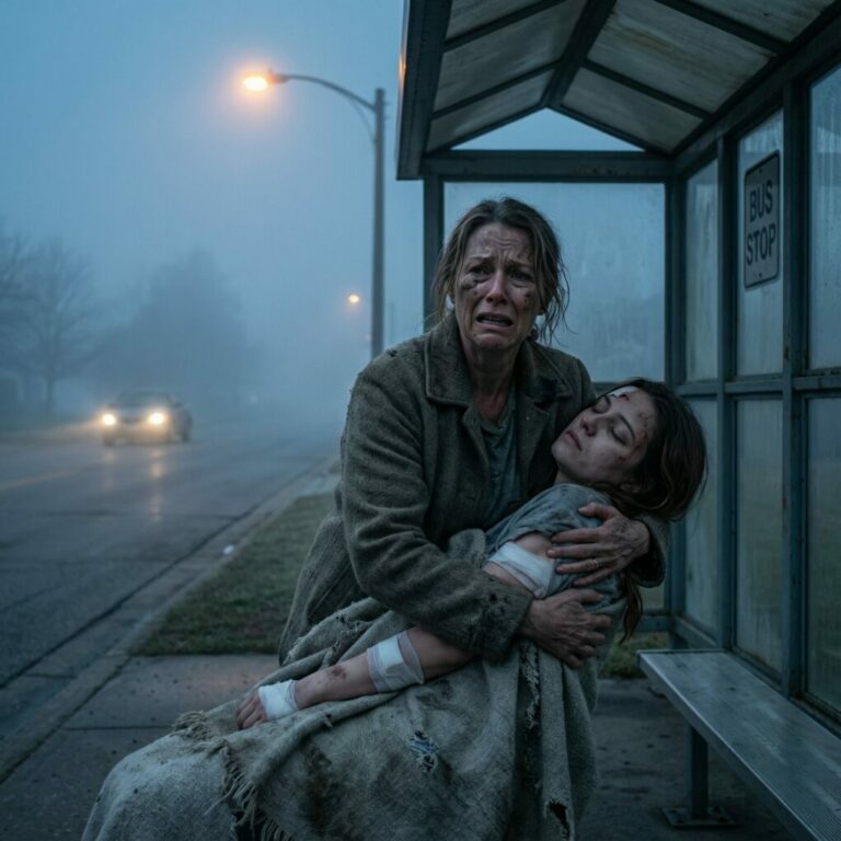 At 5 a.m., I got a call from my son-in-law: “Come pick up your daughter at the bus stop. We don’t want her anymore.” The words hit me like a freight train. My hands trembled as I drove through the foggy streets, heart hammering against my ribs. When I reached the bus stop, I saw her—a shadow of the vibrant girl she had once been. Emily, my daughter, was barely conscious, her face swollen and bruised, her clothes torn. Broken bones had left her slumped against the cold metal bench. She tried to speak but only managed a whisper, “Mom… my husband… his mother… they beat me.”