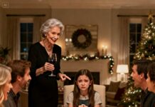 In the middle of Christmas dinner, my mother-in-law raised her glass and smiled: “I’m proud of all my grandchildren… except one.” Then she pointed at my nine-year-old daughter. Some laughed, as if it were a joke. I saw my little girl struggling to hold back tears. My husband didn’t laugh. Silently, he placed a thick folder on the table. When they began to leaf through it, the laughter died away, the glasses fell still, and the air grew heavy. No one was prepared for what those pages revealed.