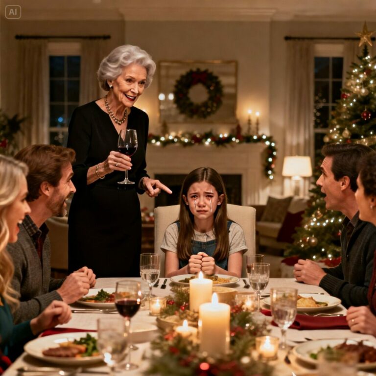 En medio de la cena de Navidad, mi suegra alzó su copa y sonrió: —Estoy orgullosa de todos mis nietos… excepto de uno.  Luego señaló directamente a mi hija de nueve años. Algunos rieron, como si se tratara de una broma. Yo vi a mi pequeña luchando por contener las lágrimas, con los labios apretados y los ojos llenos de dolor.  Mi esposo no se rió. Sin decir una palabra, colocó una carpeta gruesa sobre la mesa. Cuando empezaron a hojearla, las risas se apagaron, las copas quedaron inmóviles y el ambiente se volvió pesado. Nadie estaba preparado para lo que esas páginas revelaban.