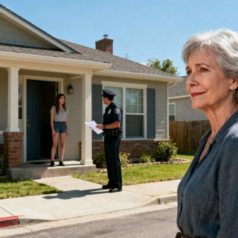 At my son’s funeral, my daughter-in-law whispered, “You have thirty days to get out.” I simply smiled, folded my clothes, and slipped away before dawn. The next morning, a sharp knock shattered her quiet. “Ma’am, we need to ask you some questions,” the officer said as he stepped onto her porch. From across the street, I watched her freeze—because she knew exactly why they’d come.