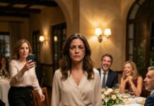 En la cena de nuestro décimo aniversario de bodas, me quedé de pie frente a todos con un ojo morado. El salón quedó en completo silencio. Mi esposo dijo con orgullo: “Fueron mis hermanas… le enseñaron un poco de respeto”. Sus hermanas se rieron con satisfacción… Entonces mi hermana gemela se acercó a mi marido e hizo algo que los dejó a todos en shock…