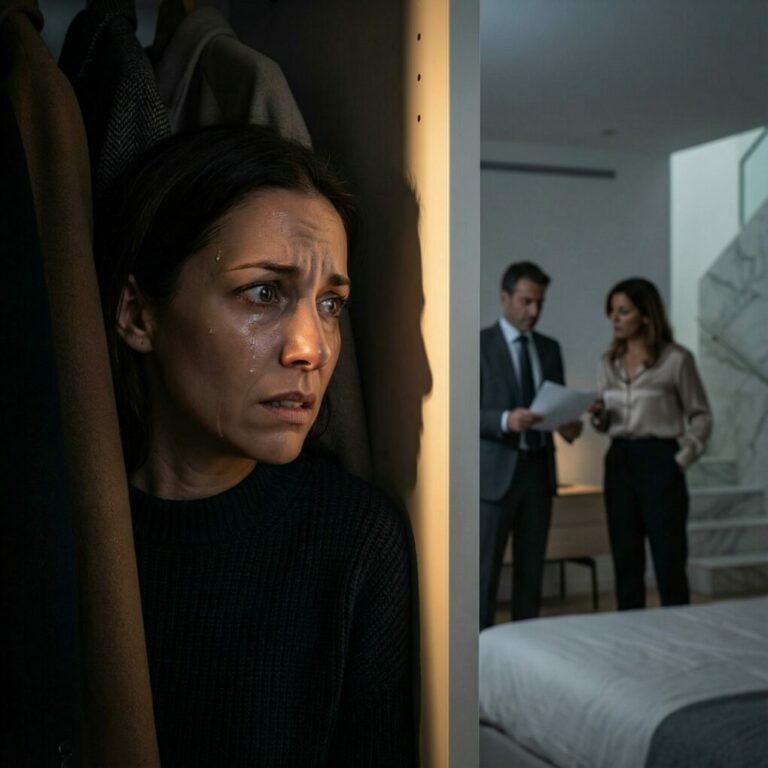 Escuché voces en nuestro dormitorio y me escondí en el armario. Mi marido entró con ella, sosteniendo unos papeles. Ella susurró: «¿Cuál es tu plan?». Él se rió: «Dos millones cuando ella muera. Un accidente en las escaleras. Ya la he hecho…».