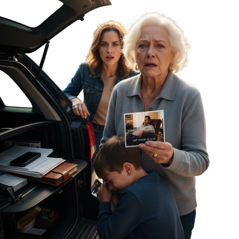 “My heart stopped as I stared at the photo. My son, sleeping peacefully—dated last Tuesday. But I buried him a month ago. My grandson’s voice trembled, breaking the silence: ‘Grandma, I found this in Mom’s car… do you want to see what else is in there?’ My hands shook. If my son is dead, who is she watching at 2 a.m.? The truth is hidden in that car, and I’m terrified to look.”
