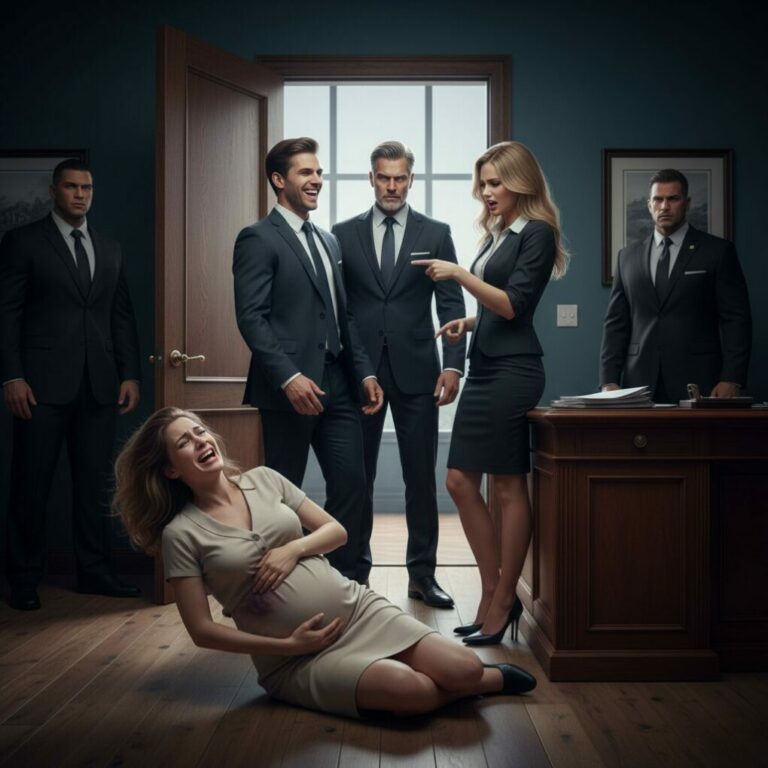 “I stood there, lunch bag trembling in my hand, as my husband laughed while his mistress kicked my 8-month pregnant belly. ‘Is that all you’ve got?’ he sneered, eyes cold and heartless. I gasped for air, clutching my stomach, but then the heavy office door creaked open. The laughter died instantly. A shadow loomed over them, and as their faces turned pale with pure terror, I realized—the real nightmare for them was only just beginning. ‘Did you really think I came alone?'”