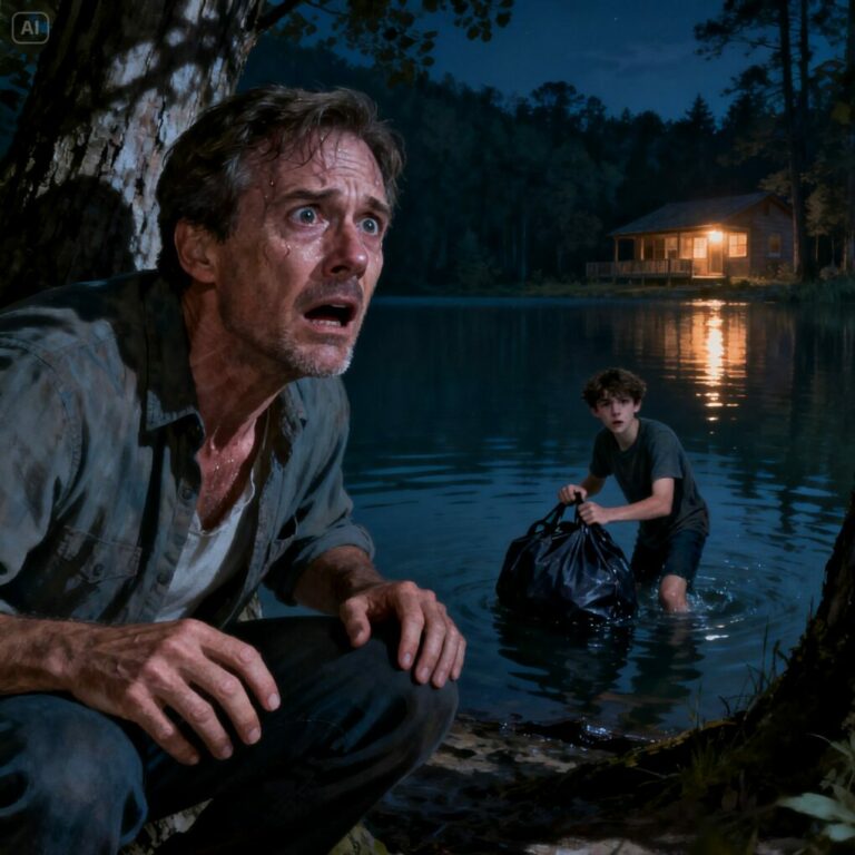 The neighbor said the cabin lights had been on every night, so I came to check. When I saw my son’s car outside, I hid in the trees and waited. Two hours later he emerged, dragging a large bag. “Please… just sink,” he whispered, shoving it into the lake. When the bag split open, I saw what was inside—my knees buckled, my breath vanished… and then I heard something move behind me.