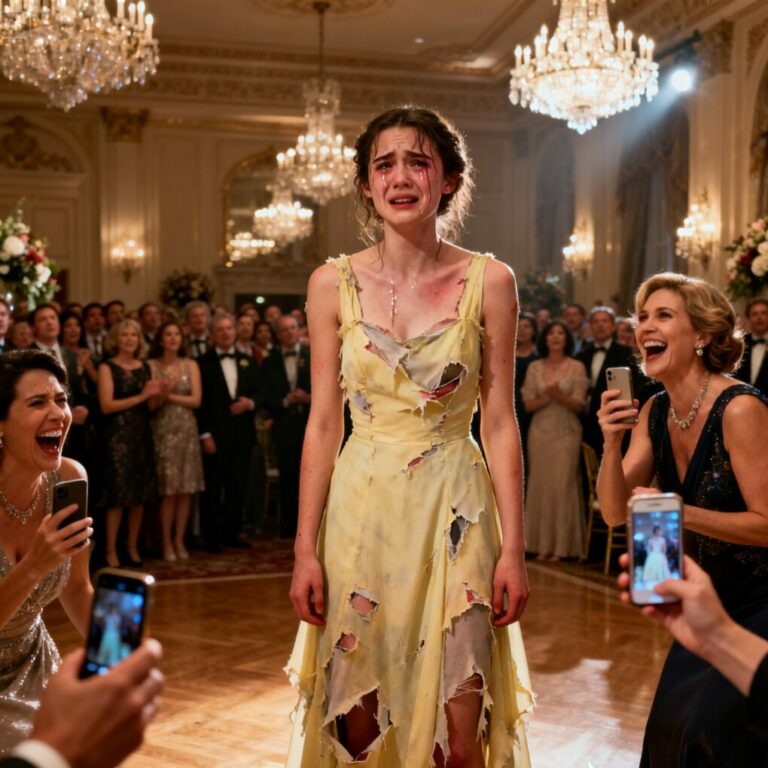 “Emma, stop it!” he whispered, looking away. But it was too late. Her hand yanked at my dress, tearing it apart, and everyone laughed. I felt the heat of humiliation rise. Then I heard it—a roar above us. The helicopter. My father’s arrival changed everything. And in that moment, I knew: love, respect, and justice were finally on my side.”