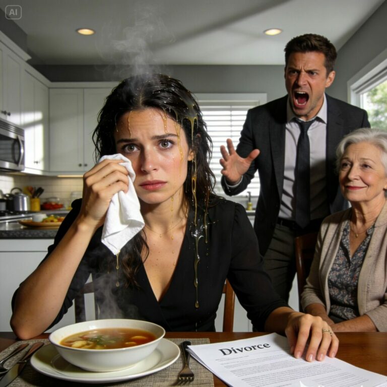 At the family dinner, my husband poured hot soup on my head while his mother laughed.. Then he said “You’ve got 10 minutes to get out.” I wiped my face pulled some papers from my bag laid them on the table and said calmly “You’re right. 10 minutes later…”