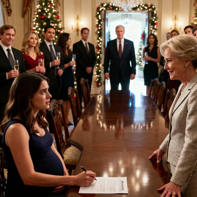At my wealthy in-laws’ Christmas party, my mother-in-law smiled sweetly as she slid divorce papers across the table. “Sign it,” she whispered, glancing at my pregnant belly. “That child isn’t worthy of being an heir.” Laughter filled the room as my hands shook. But as I picked up the pen, I thought of one thing they didn’t know. My father isn’t just coming for Christmas—he’s a billionaire. And this story is far from over.