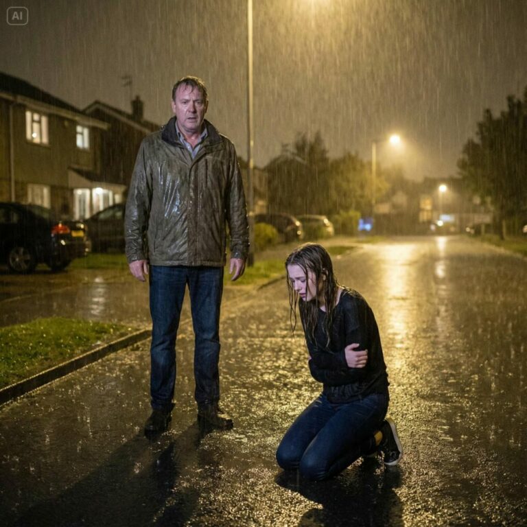 Encontré a mi hija arrodillada bajo la lluvia, mientras su esposo la castigaba por haber comprado un vestido nuevo. Desde dentro, podía escuchar a su marido y a su familia riéndose. La levanté, pateé la puerta y dije cinco palabras que jamás olvidarían.