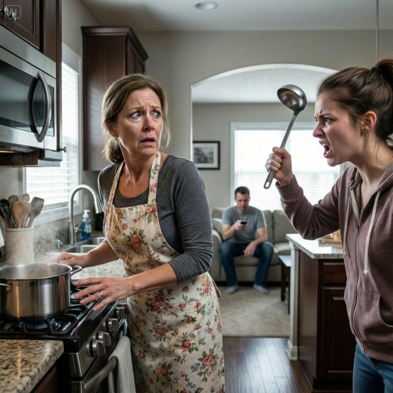 I was calmly stirring a pot of soup when my daughter-in-law suddenly swung the ladle and struck me hard on the head. “Who cooks like that? You’re completely useless!” she screamed. My son simply turned up the volume on the TV, pretending not to hear or see anything… And in that moment, the decision I made next changed everything forever.