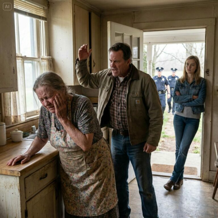 I REFUSED TO GIVE MY SON MY FARM MONEY. HE SLAPPED ME AND SCREAMED, “GET THIS OLD HAG OUT!” MY DAUGHTER-IN-LAW CLAPPED. SHAKING, I WENT TO MY ROOM. TEN MINUTES LATER, THE DOORBELL RANG. WHEN HE SAW WHO WAS THERE, HE FELL TO HIS KNEES, SOBBING AND BEGGING FOR FORGIVENESS…