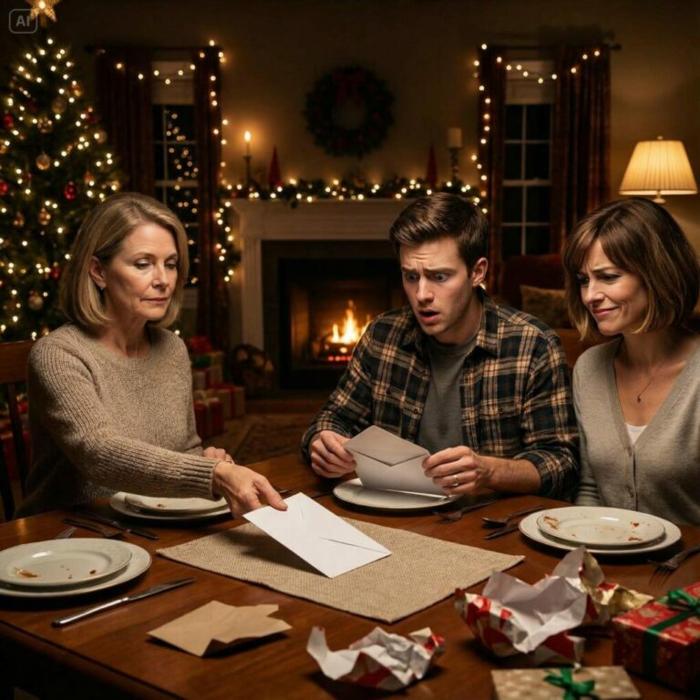 Invité a mi hijo y a su esposa a la cena de Navidad. Lo sorprendí con un BMW y a ella le regalé un bolso de diseñador. Entonces mi hijo sonrió con arrogancia y dijo: “Mamá, mi esposa me dijo que debo darte una lección. No habrá regalos para ti”. Mi nuera se quedó sentada, sonriendo ante mi humillación. Yo saqué lentamente un sobre y dije: “Perfecto. Entonces tengo un regalo más para los dos”. En cuanto él lo abrió, sus manos empezaron a temblar.