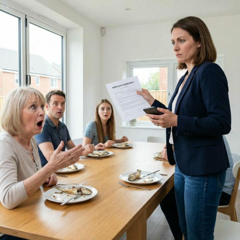 Antes de la cena, mi suegra se atragantó con una espina de pescado, pero aun así le gritó a mi hija de siete años: “¡Eres mala suerte! ¡No vas a cenar! ¡Vete a tu cuarto ahora mismo!”  Mi marido no dijo nada. Yo solo sonreí y respondí: “Nosotros no vamos a comer. Gracias.”  Mi suegra gruñó: “Deja de hacerte la interesante. Ustedes dos, parásitos, deberían estar agradecidos.”  No derramé una lágrima. Subí las escaleras, tomé una hoja de papel, bajé de nuevo y dije: “Todos ustedes tienen que salir de mi casa ahora mismo antes de que llame a la policía.”  Se quedaron paralizados, con el rostro completamente pálido…