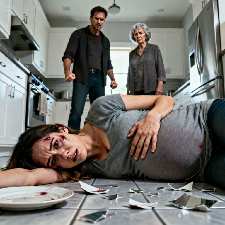I dropped his mother’s antique dish, and the sound shattered more than porcelain. “You clumsy, worthless woman!” she screamed. Before I could protect my belly, my husband struck me—eight months pregnant, collapsing onto the kitchen floor. Blood spread beneath me as I whispered, “Please… the baby.” Lying there, shaking, I realized something terrifying—and powerful. This was the moment my life would change forever.