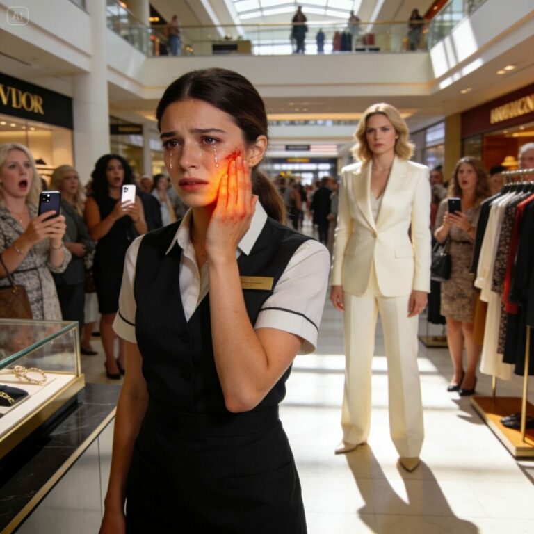 I still hear the sound of her slap echoing through the store. My cheek burned as she hissed, “Know your place.” People stared. Phones were raised. I thought my life was over right there—until a calm voice behind me said, “Touch my wife again and you’ll regret it.” I turned around… and realized the universe had just changed its mind about me.