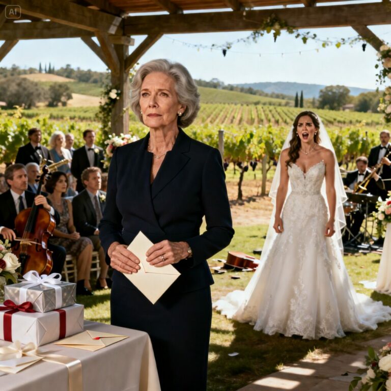 En la boda de mi hijo, su novia se burló y dijo con desprecio: «Siéntate junto a las puertas de la cocina; tu cara arruinaría las fotos familiares».  ¿Mi asiento? Se lo habían dado a un completo desconocido. Sonreí, caminé hasta la mesa de regalos y recuperé en silencio mis 25.000 dólares. Luego me acerqué y le susurré: «No te preocupes… me mantendré fuera de tu vida para siempre».  Tres horas después, la banda, el bar y las flores desaparecieron.