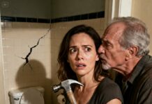 While my husband was out, my father-in-law whispered, “Take a hammer. Break the tile behind the toilet—now.” My hands shook as the ceramic cracked, dust filling the air. Behind it, a dark hole appeared. I froze. “Oh my God… what is that?” I gasped. He didn’t answer. He just looked at me and said, “You weren’t supposed to find this.” And in that moment, I knew my marriage was built on a lie I could never unsee.