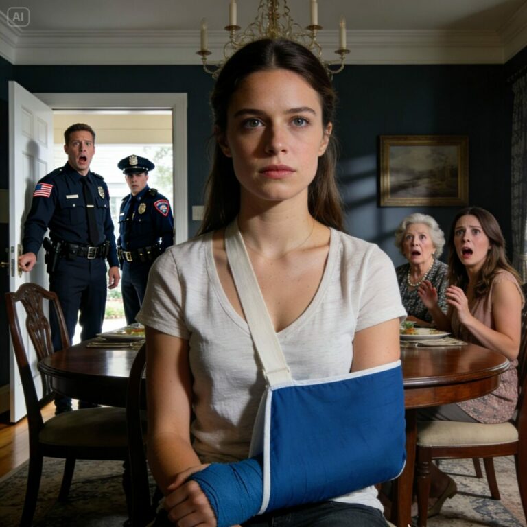 En la cena familiar estaba sentada allí con el brazo roto, sin poder siquiera comer. Mi suegra dijo: “Mi hijo le dio una lección”. Y su hermana presumió: “Ella pensó que mandaba”. Yo solo sonreí. Treinta minutos después, sonó el timbre y él descubrió quién realmente manda en esta casa.