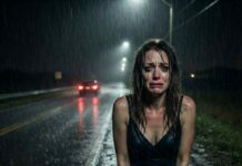 My husband abandoned me in the rain, 37 miles from home. He said I “needed a lesson.” I didn’t argue. I simply stood there and watched him drive away. Some time later, a black truck pulled over. My security guard stepped out—calm, prepared, and in control. I smiled as I climbed into the truck. His cruelty was over. This was his final mistake.