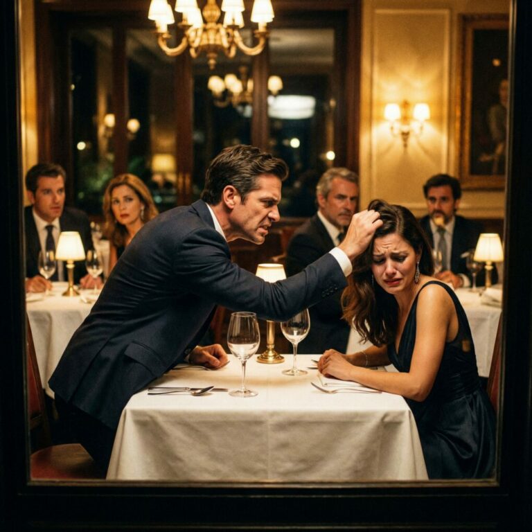 Durante una cena elegante, mi yerno le tiró del cabello a mi hija porque había pedido el vino “equivocado”. Su padre aplaudió y dijo con desprecio: “Tiene que saber cuál es su lugar”. Mi hija lloraba en silencio, demasiado asustada para moverse. Yo me levanté, con años de aguantar y mantener la paz rompiéndose en ese instante. No grité. En lugar de eso, hice algo que dejó a todo el restaurante en silencio y acabó con su control para siempre…