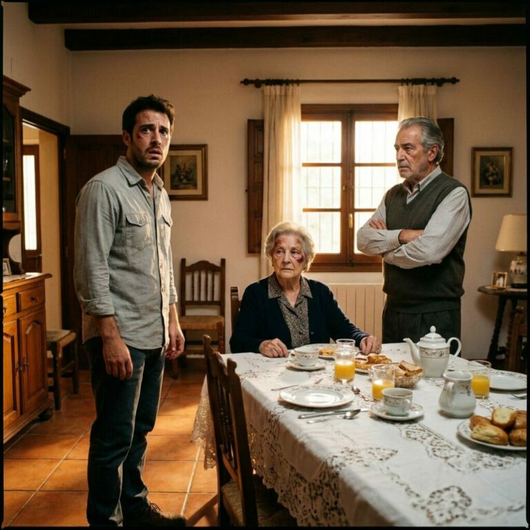 Mi hijo me golpeó anoche y me quedé en silencio. Esta mañana extendí mi mantel de encaje, preparé un desayuno sureño completo y saqué la vajilla buena, como si fuera Navidad. Bajó las escaleras, vio los biscuits y los grits, sonrió con desprecio y dijo: «Así que por fin aprendiste», pero su rostro cambió en el mismo instante en que vio quién estaba sentado a mi mesa.