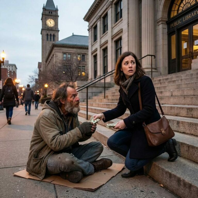 Después de que mi esposo falleció, encontré un nuevo trabajo y cada día dejaba un poco de dinero para un anciano sin hogar que se sentaba frente a la biblioteca. Un día, cuando me agaché como de costumbre, él de repente tomó mi mano y dijo: “Ha sido demasiado amable conmigo. No vuelva a casa esta noche. Quédese en un hotel. Mañana le mostraré esto.”