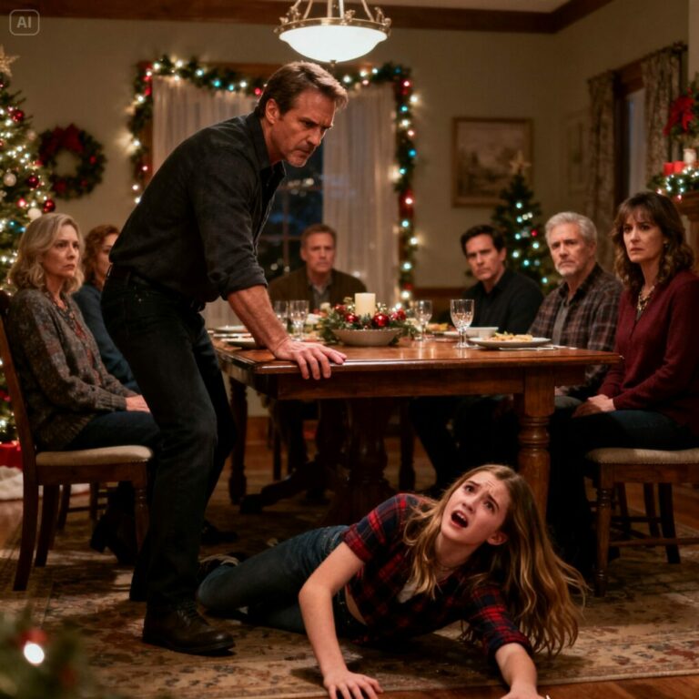 My stepdad slammed his hand on the Christmas table. “Get up. That seat belongs to my real daughter. OUT.” His voice cut through the room like a knife. I felt every eye on me as I hit the floor, my cheeks burning, his smirk burning deeper. But as I stood, something inside me shifted. He thought he’d humiliated me… yet he had no idea that later that night, I would change his life forever.