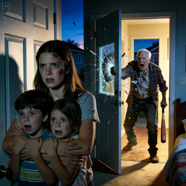 I still hear his voice through the door—low, cracked, and trembling with rage. “Open up, kid. I know they’re in there.” In that moment, my hands shook so hard I nearly dropped my phone. The children were hiding behind me, their breathing sharp and shallow. I remember thinking, If the door breaks… it’s over. And then the glass shattered.