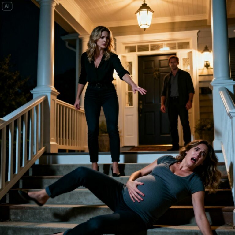 She shoved me so hard I hit the floor, pain ripping through my stomach as I screamed for help. “You could lose the baby!” I cried. My husband didn’t move. He just sneered, “Good. You should get sterilized and adopt instead.” I thought that was the end—until engines roared outside. Five minutes later, ten supercars surrounded the gate… and everyone’s faces went white.