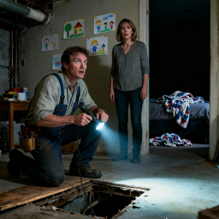 The moment Mark, my plumber, turned toward me—pale, shaking, eyes fixed on the basement door—I felt something was terribly wrong. He leaned in and whispered, “Pack your things and leave immediately. Don’t tell your kids.” My stomach dropped. I followed his stare into the darkness below, realizing he had seen something I hadn’t. I grabbed my children and ran… but part of me still wonders what would’ve happened if I’d looked first.
