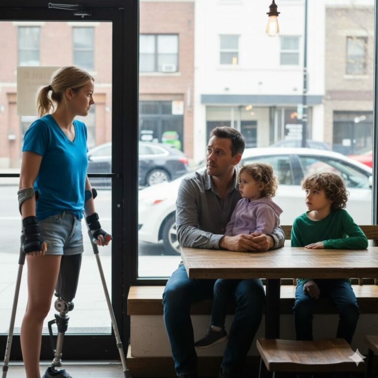 «¿Puedo sentarme aquí?» —preguntó la niña de una sola pierna al padre soltero… Su respuesta la dejó con lágrimas en los ojos.