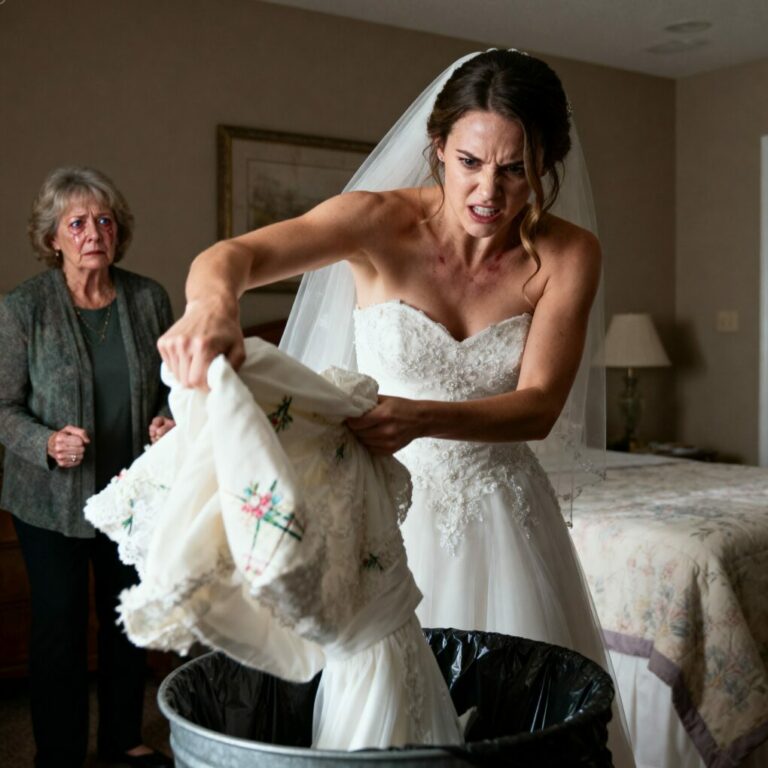 Me pasé seis meses enteros quedándome despierta toda la noche cosiendo el vestido de novia de mi hija. Cada puntada llevaba mi cansancio y mi amor. Cuando por fin se lo entregué, lo miró con desprecio y dijo: —¡Es un vestido para pobres! Y sin pensarlo dos veces, lo tiró directamente a la basura. Yo me quedé en silencio, sin decir una sola palabra.  Pero el día de la boda, cuando entré al salón vestida con ese mismo vestido transformado, mi hija palideció tanto al verme que estuvo a punto de desmayarse…