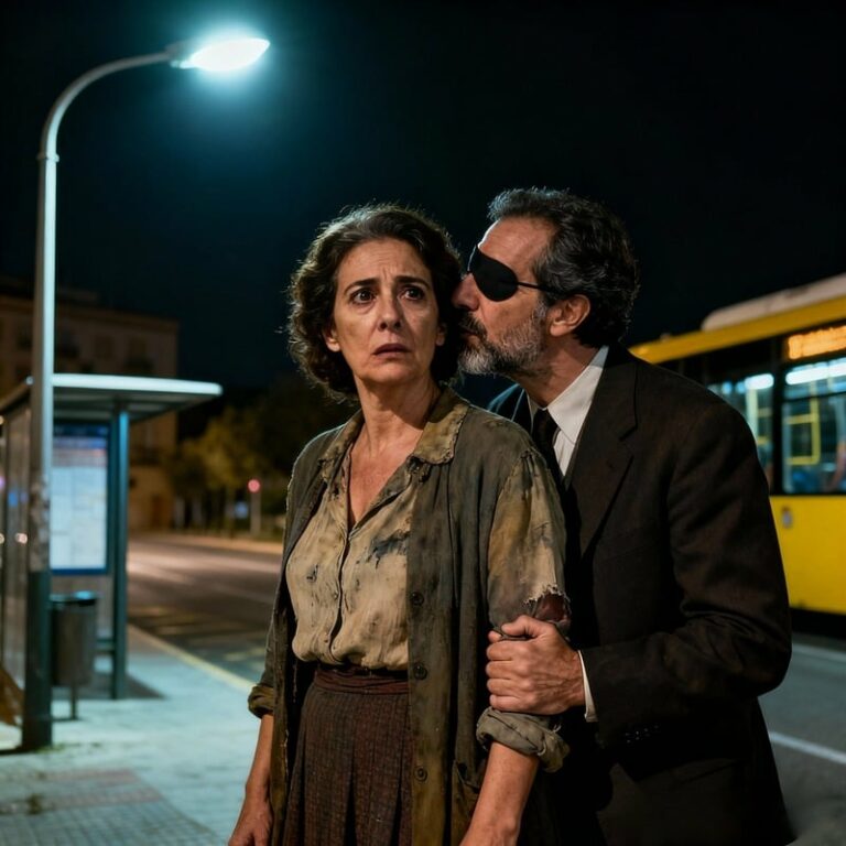 Me dejó sola en la parada del bus, sin dinero, después de gritarnos como extraños. “Arréglatelas”, dijo mi propio hijo. Yo temblaba cuando un hombre ciego se acercó y susurró: “Finge ser mi esposa. Mi chofer viene.” Sentí su mano firme, su voz helada: “Tu hijo lamentará haberte abandonado.” En ese instante entendí que mi vida estaba a punto de romperse… o vengarse.