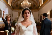 Estaba de blanco, temblando, cuando mi suegra se levantó y gritó: “¡Ese hijo no es de mi hijo!”. Mostró pruebas falsas, sonrió como si me hubiera matado. Yo quise hablar, pero mi prometido solo susurró: “No puedo confiar en ti”, y me dejó sola frente al altar. Ese día morí. Años después, cuando nos reencontramos, mi hijo habló… y el mundo se quedó sin aire.