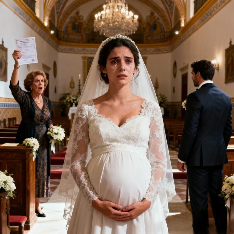 Estaba de blanco, temblando, cuando mi suegra se levantó y gritó: “¡Ese hijo no es de mi hijo!”. Mostró pruebas falsas, sonrió como si me hubiera matado. Yo quise hablar, pero mi prometido solo susurró: “No puedo confiar en ti”, y me dejó sola frente al altar. Ese día morí. Años después, cuando nos reencontramos, mi hijo habló… y el mundo se quedó sin aire.