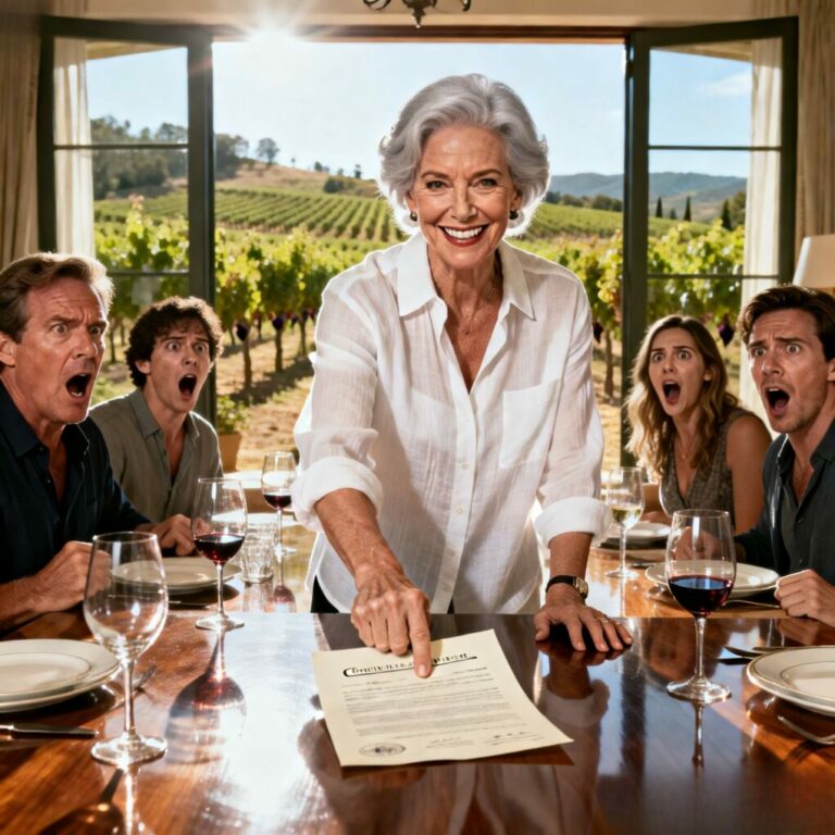 “I watched my new stepson smirk as he poured wine I grew myself. ‘This place is a goldmine, Dad,’ he whispered, thinking I couldn’t hear. ‘Once she’s out of the picture, we’ll sell the vines and build luxury villas.’ Little did they know, I held the deed in my safe. ‘You’re already planning my funeral?’ I asked, smiling coldly. Their faces turned pale. But the real shock was yet to come…”