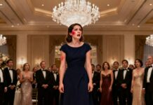 “He switched to German and laughed. ‘She’s just decoration,’ he said, thinking I didn’t understand. I stayed silent—until he raised his hand. The slap echoed through the ballroom. Someone gasped. Then a chair scraped the floor behind me. A calm voice said, ‘Enough.’ That was the moment I realized humiliation had a witness… and karma had just arrived.”