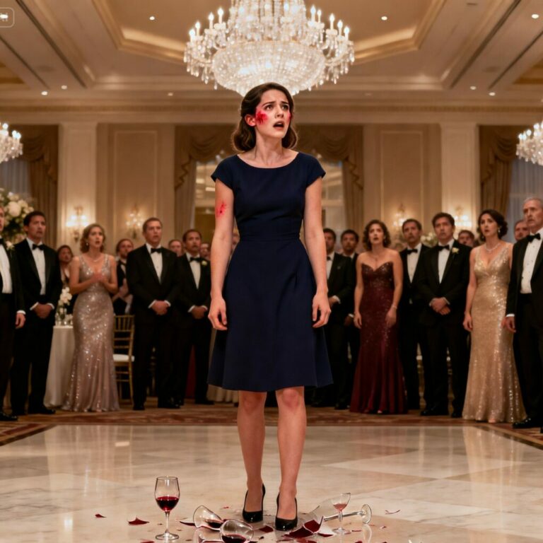 “He switched to German and laughed. ‘She’s just decoration,’ he said, thinking I didn’t understand. I stayed silent—until he raised his hand. The slap echoed through the ballroom. Someone gasped. Then a chair scraped the floor behind me. A calm voice said, ‘Enough.’ That was the moment I realized humiliation had a witness… and karma had just arrived.”