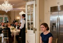 I still remember the bride’s mother leaning in, her smile sharp as a blade, and whispering, “You’ll be more comfortable with the staff.” I froze. The room spun. Then she laughed and added, “Some people just don’t belong at family tables.” I swallowed my humiliation and sat down—unaware that in less than twenty minutes, the entire wedding would fall silent because of who my husband really was..
