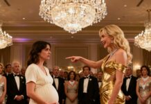 I thought I was invisible. Just a pregnant woman in a simple dress at a room full of diamonds. Then she laughed and said loudly, “Do you even know who the father is?” The room froze. My hands shook… until my phone rang. I answered calmly and said, “Hi honey.” That’s when her smile disappeared—and everything began to unravel.