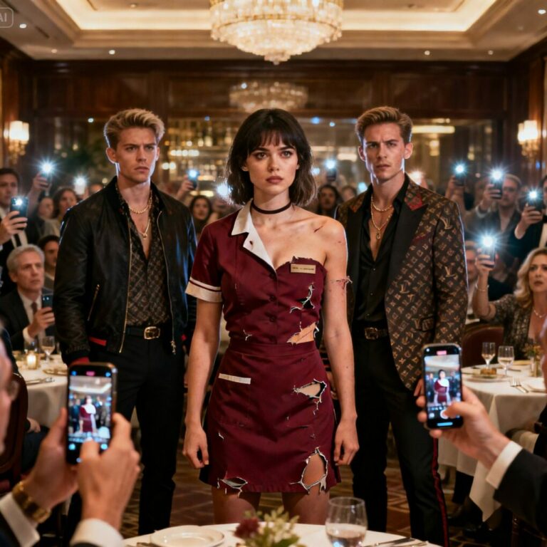 “Serve us, little waitress,” he sneered, tugging at my uniform. My shoulder ripped, and every eye in the restaurant was on me. I swallowed my fear and whispered, “You have no idea who I really am.” Phones flashed, laughter froze, and I saw the moment everything was about to change. If you think this ends here… you’re wrong. Wait until they learn the price of disrespect.”