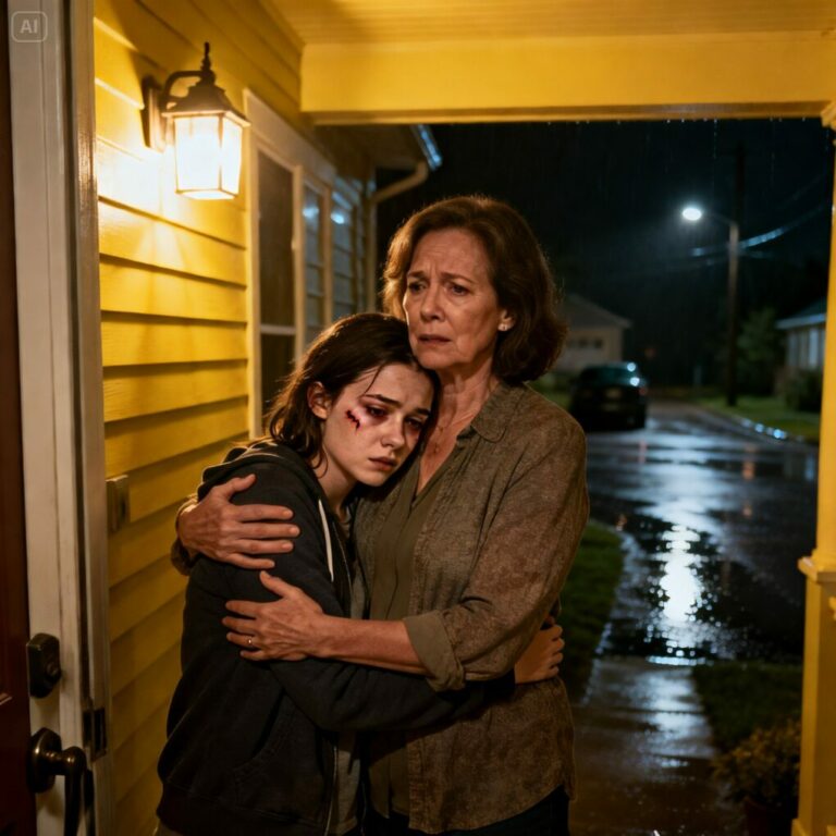 “At one in the morning, I opened my door and my daughter collapsed into my arms. Blood on her lips. One eye swollen shut. ‘Mom… he said if I told you, I wouldn’t survive the night.’ I held her while my badge burned against my chest. That was the moment I realized this wasn’t just a family problem. It was a war—and someone was about to lose everything.”